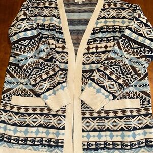 Lucky Brand Blue and Cream Geometric Cardigan Large